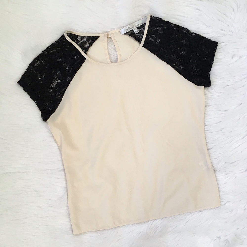 Lovers + Friends Cream Black Lace Sleeve Top Shirt Revolve
